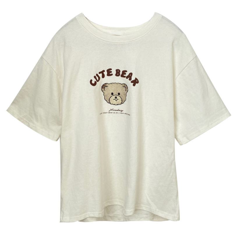 Lockeres T-Shirt mit kurzen Ärmeln und überschnittenen Schultern, niedlicher Bärenprint, Midi-Länge