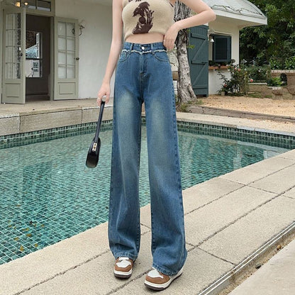 Casual Pocket Floor-Length Backless Frayed Edge Straight High-Waisted Patchwork Jeans