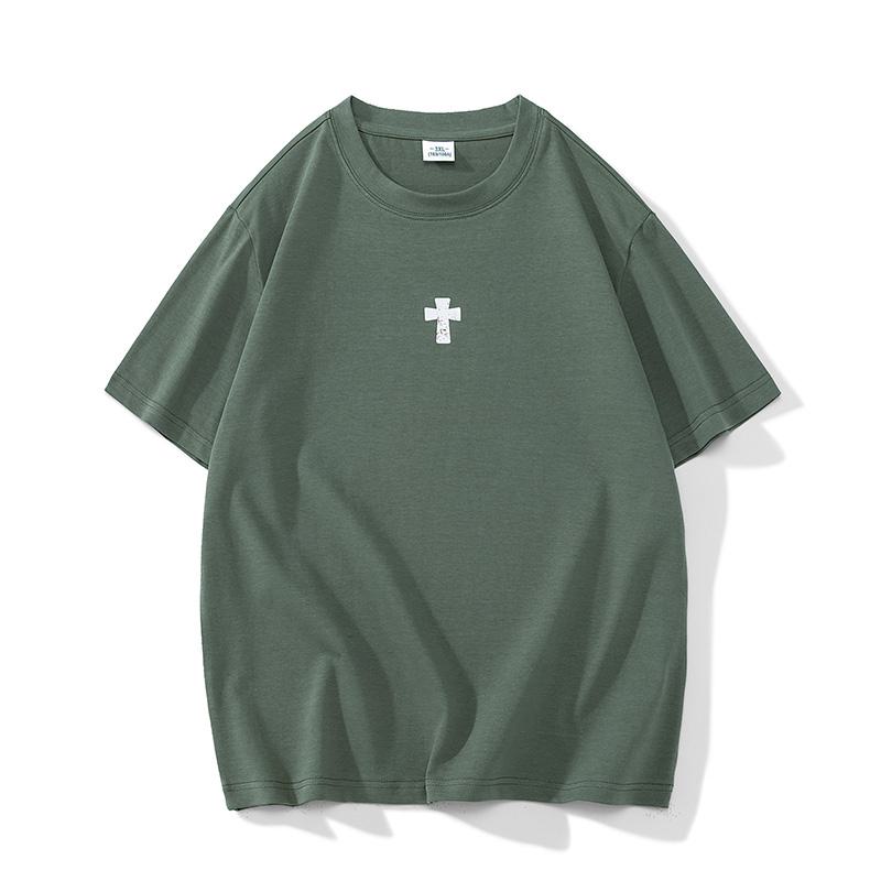 Cómoda y versátil camiseta de manga corta de algodón puro con cuello redondo y estampado.