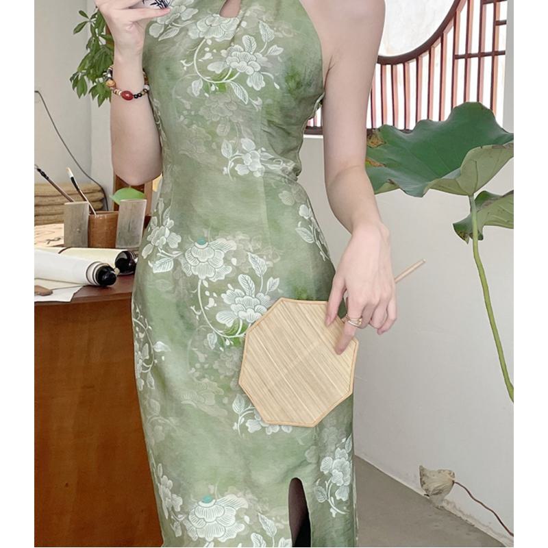 Qipao Split Slim-Fit Zen-Style Solid Slimming Cinched Waist Dress