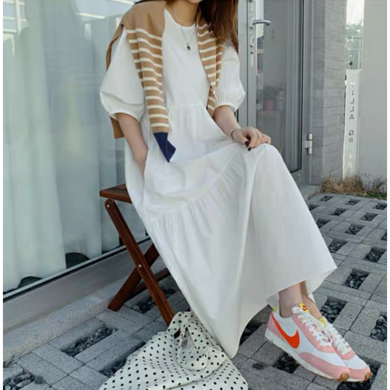 Vestido de manga media blanco, elegante y suelto estilo hada hasta el tobillo para mujer, talla mediana.