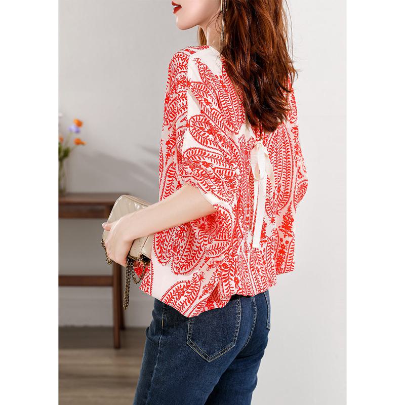 Batwing Sleeve Chic Niche Floral Print Blouse