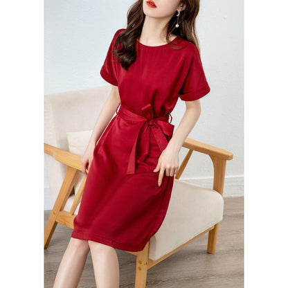 Chic Red Slimming Belted Dress