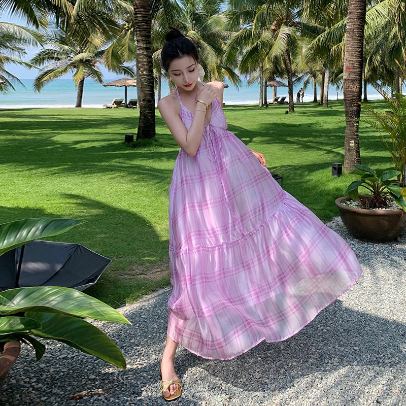 V-Neck Beach Purple Cami Backless Fairy Skirt Semi-Transparent Dress