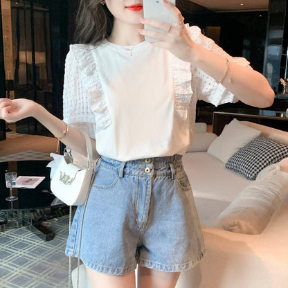 White French Style Lace Ruffle Trim Pure Cotton Patchwork Blouse