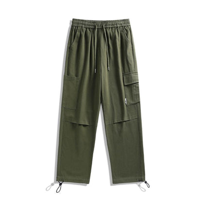 Pantalon de survêtement en coton pur de haute qualité, polyvalent et lavé, de couleur kaki et à coupe fuselée avec cordon de serrage.
