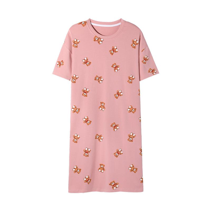Round Neck Bear Pattern Midi Pink Lounge Dress