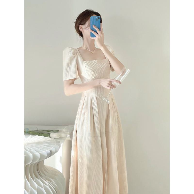 Retro Gentle Slimming Cinched Waist Slit Exquisite French Style Dress