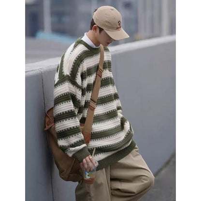 Stripe Knitted Round Neck Loose-Fit Lazy Sweater