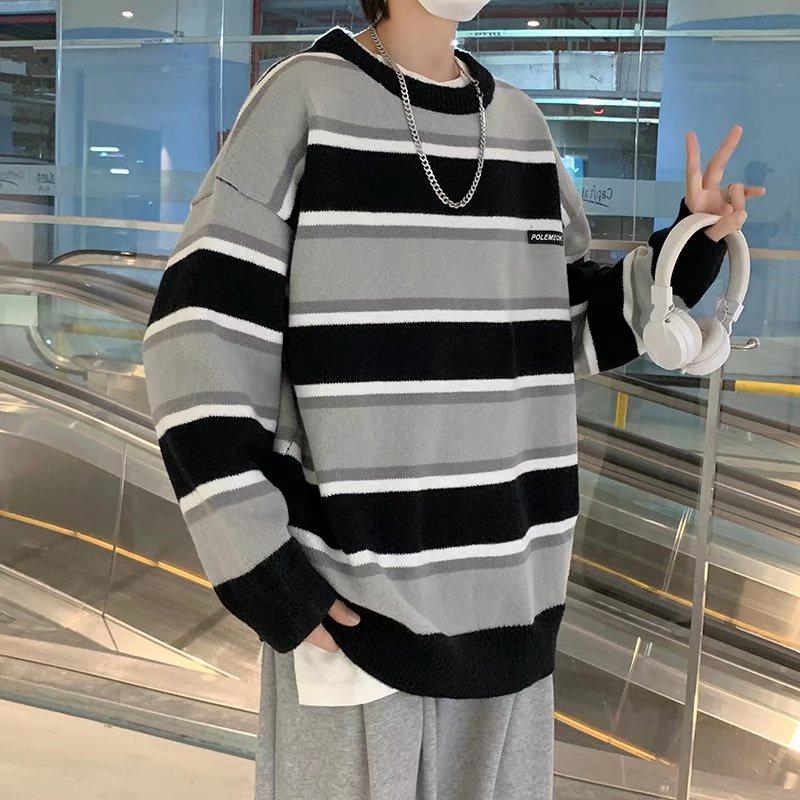 Round Neck Patchwork Loose-Fit Casual Knitted Stripe Sweater