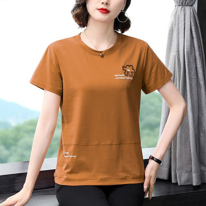 Sequined Pure Cotton Letter Embroidery Short Sleeve Tee