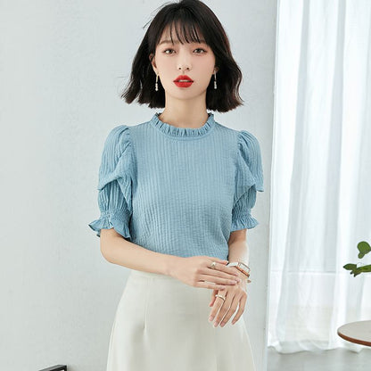 Slimming Romantic Stand-Up Collar French Style Wood Ear Bubble Sleeve Pleated Blouse