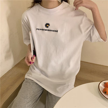 Camiseta de manga corta de algodón puro, amplia, versátil, adelgazante y de ajuste holgado