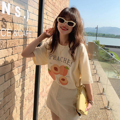 Round Neck Print Loose Fit Casual Drop Shoulder Short Sleeve Tee
