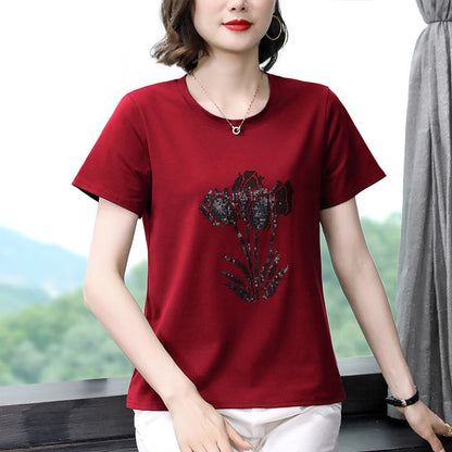 Camiseta de manga corta de algodón puro con cuello redondo, suelta, bordada con cuentas y lentejuelas de rosa.