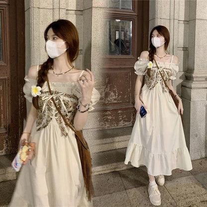 Cinched Waist Retro Off-Shoulder White Dress