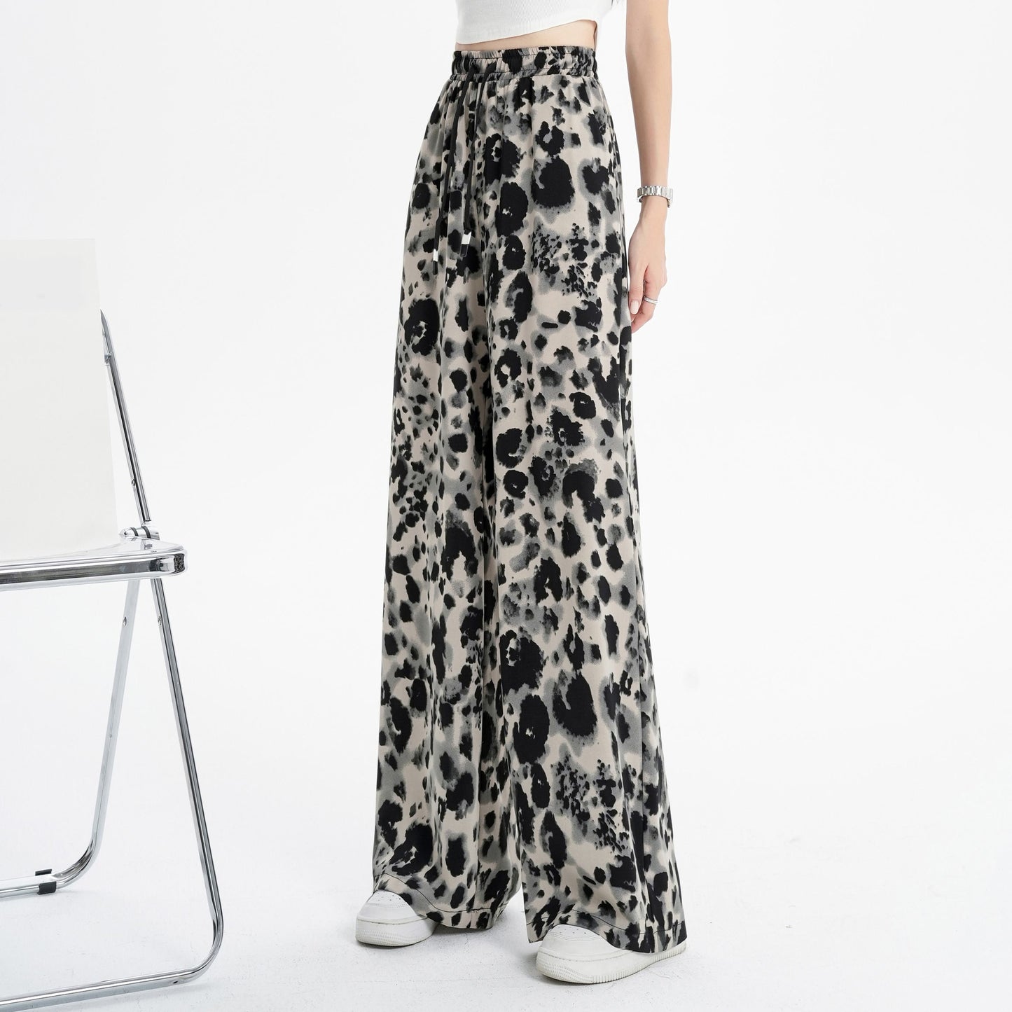 Silky Draping Loose-Fit Leopard-Print Chiffon Tie-Dye Wide Leg Pants