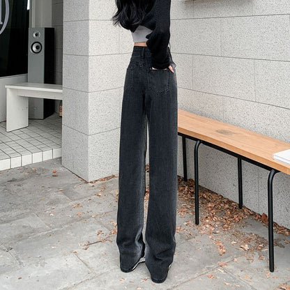 Casual Floor-Length Gradient Color-Blocking Loose-Fit Straight High-Waisted Jeans