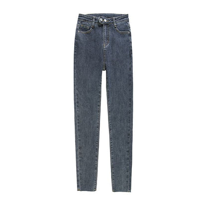 Eng anliegende, hellfarbene, hoch taillierte Jeans mit Doppelreiher und elastischer Passform für eine schlanke Silhouette