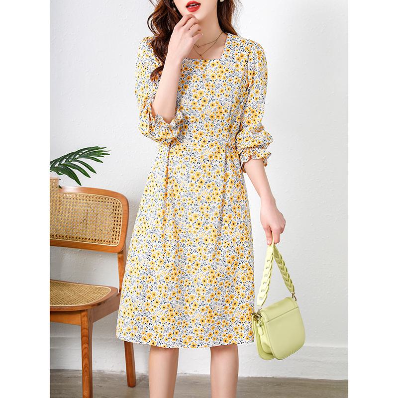 Midi Cinched Waist Floral Print French Style Dress
