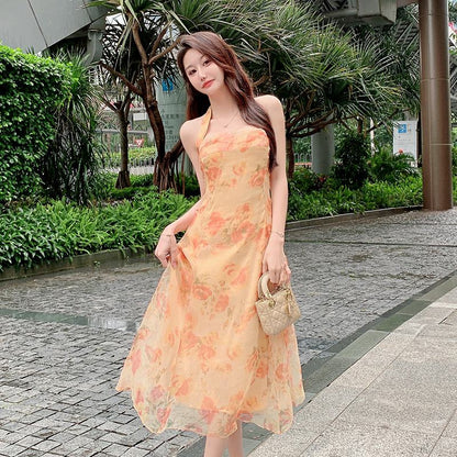 Chiffon Beach Vacation Retro Niche Halter French Style Backless Dress