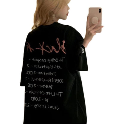 Women's T-Shirts Black Midi Print Lazy Letter Short Sleeve Tee