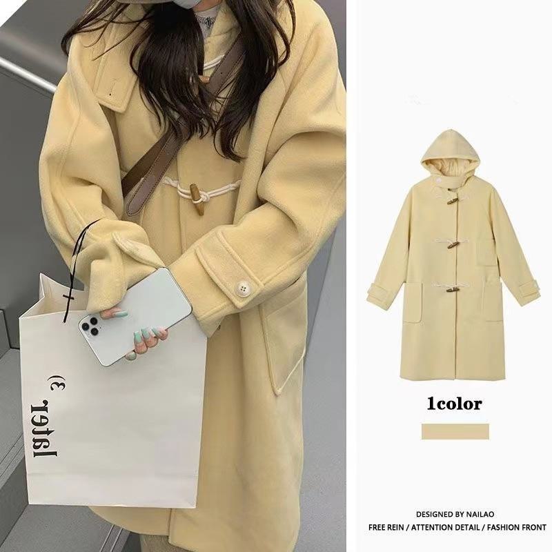Knee-Length Horn Toggle Thickened Wool Hooded Duffle Coat