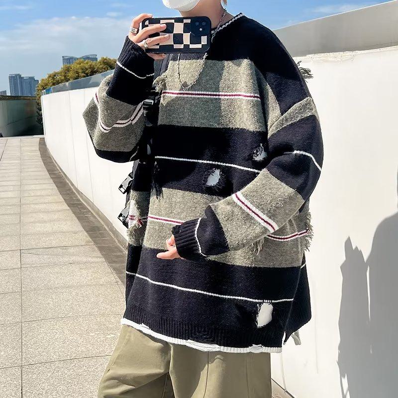 Pullover Round Neck Patchwork Casual Knitted Stripe Sweater