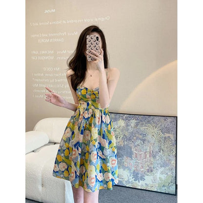 Niche Slimming Cinched Waist Floral Print Waist-Cinching Style French Style Dress