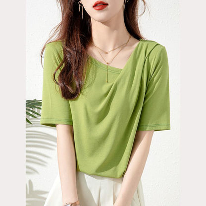 Versatile Chic Simplicity Solid Pleated Short Sleeve Tee