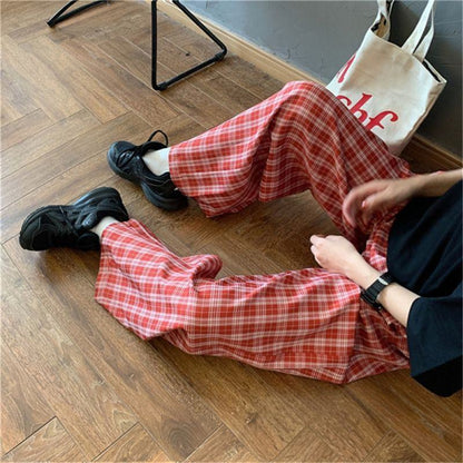 High-Waisted Straight Versatile Loose Fit Slimming Draping Plaid Pants