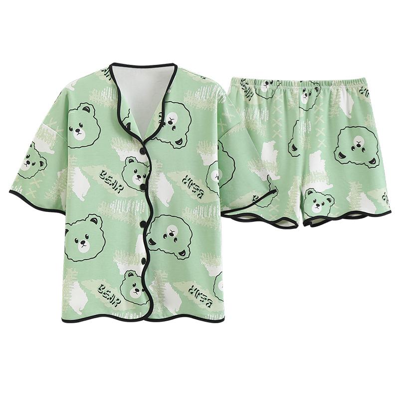 Jugendliches, frisches und einfaches Pyjama-Set mit Bärenmotiv und Knopfleiste