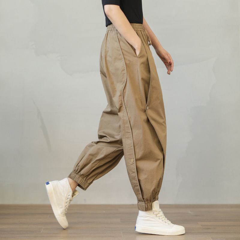 Pantalones de algodón puro con cintura elástica cónica, estilo holgado de linterna y cordón ajustable