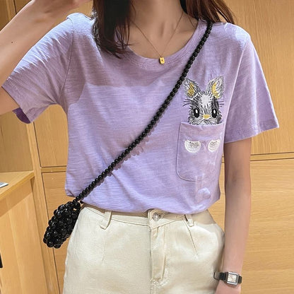 Camiseta de manga corta con cuello redondo y bolsillo de conejito único