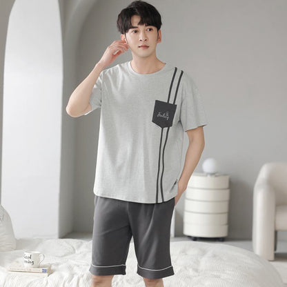Short Sleeves Round Neck Pocket Tightly Woven Pure Cotton Lounge Set