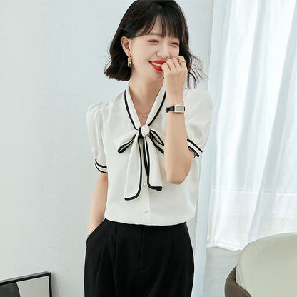 White Bow Tie Tie-Up Patchwork Chiffon Color Blocking Blouse