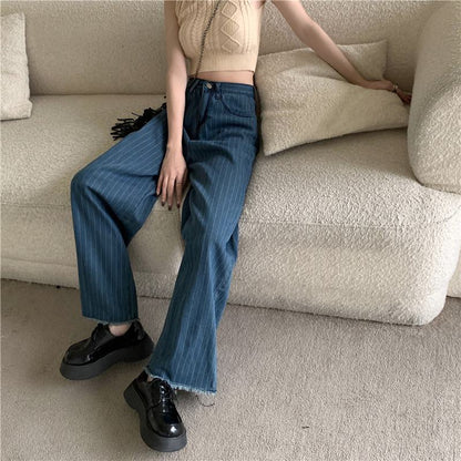 Slimming Worn-Out Look Vertical Stripes Blue Stripe Straight Pants High-Waisted Jeans