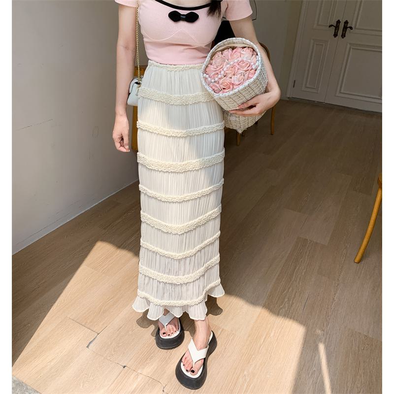 Elastischer Bund Kuchenrock aus Chiffon mit vielseitiger Spitze im französischen Stil und Patchwork-Muster