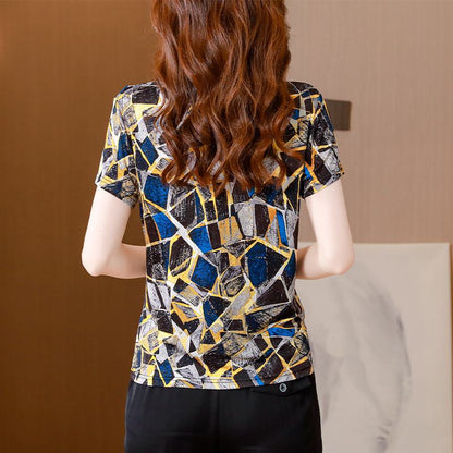 Double-Sided Pullover Print V-Neck Loose Fit Silky Luster Mulberry Silk Knitted Short Sleeve Tee