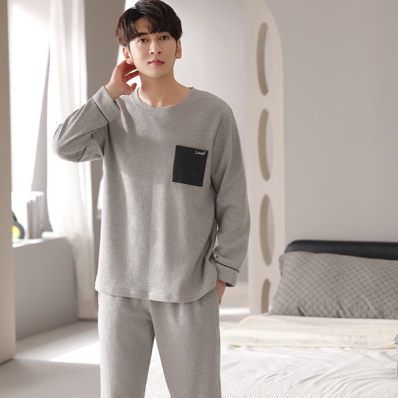 Round Neck Houndstooth Pocket Pullover Tightly Woven Pure Cotton Lounge Set
