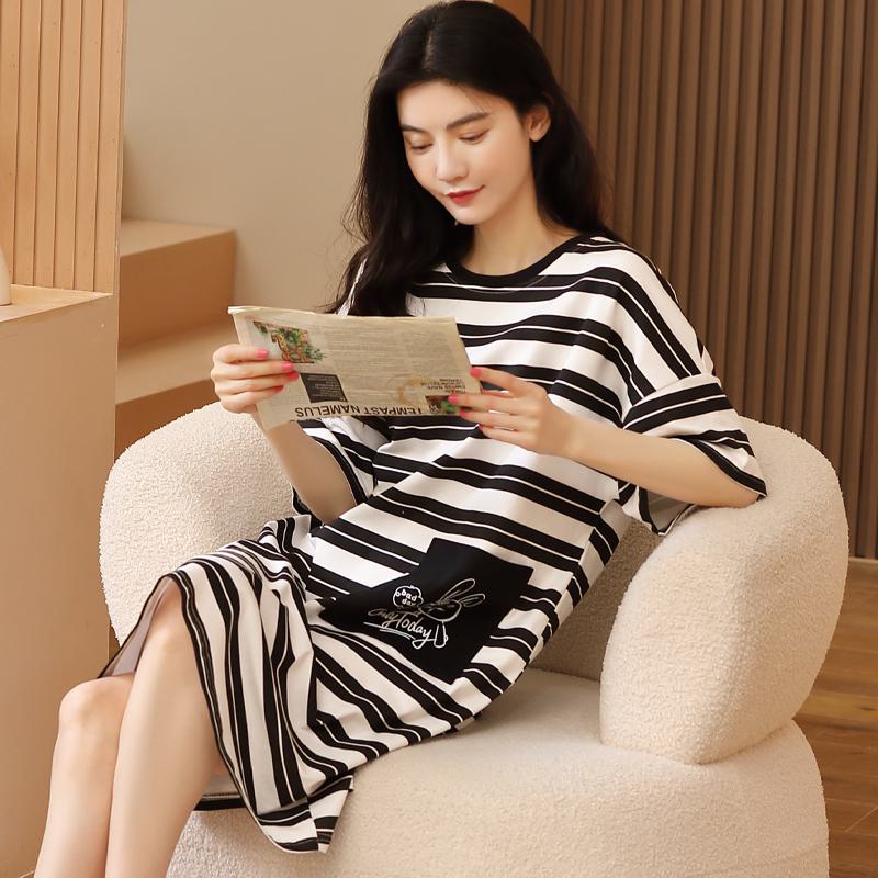 Adhesive Pocket Midi Tightly Woven Pure Cotton Stripe Lounge Dress