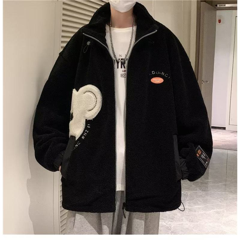 Lapel Collar Trendy Embroidery Harajuku Style Fleece Coat