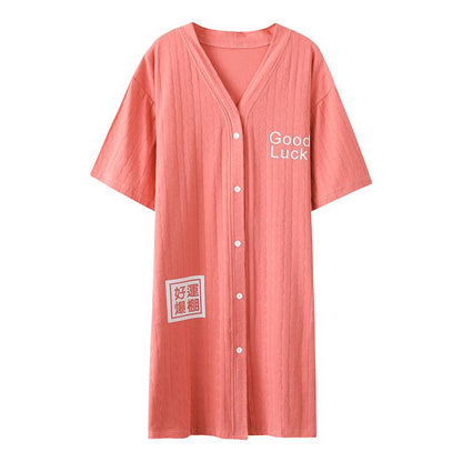 Letter Cotton Crash Color V-Neck Jacquard Button Front Night Dress