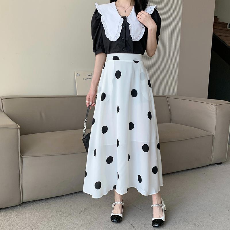 High-Waisted Chiffon Polka Dot Pocket Full Skirt Style Elastic Waist Skirt