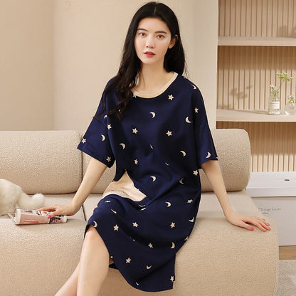 Contrasting Colors Blue Tightly Woven Pure Cotton Stars Lounge Dress