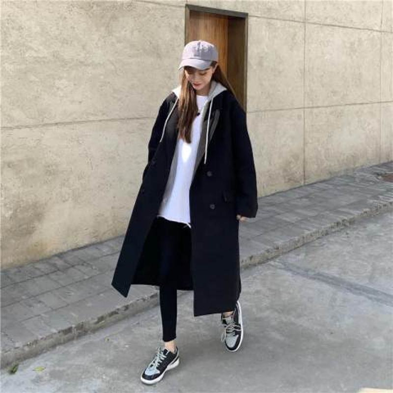 Full-Length Loose-Fit Faux Two-Piece Thickened Woolen Overcoat