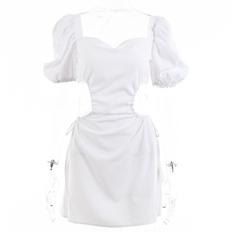 Backless Tie-Up Solid Bubble Sleeve Stretch Dress