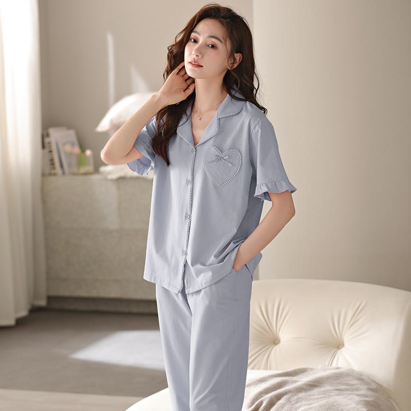 Button Front Solid Pure Cotton Heart-Shaped Lycra Pj Set