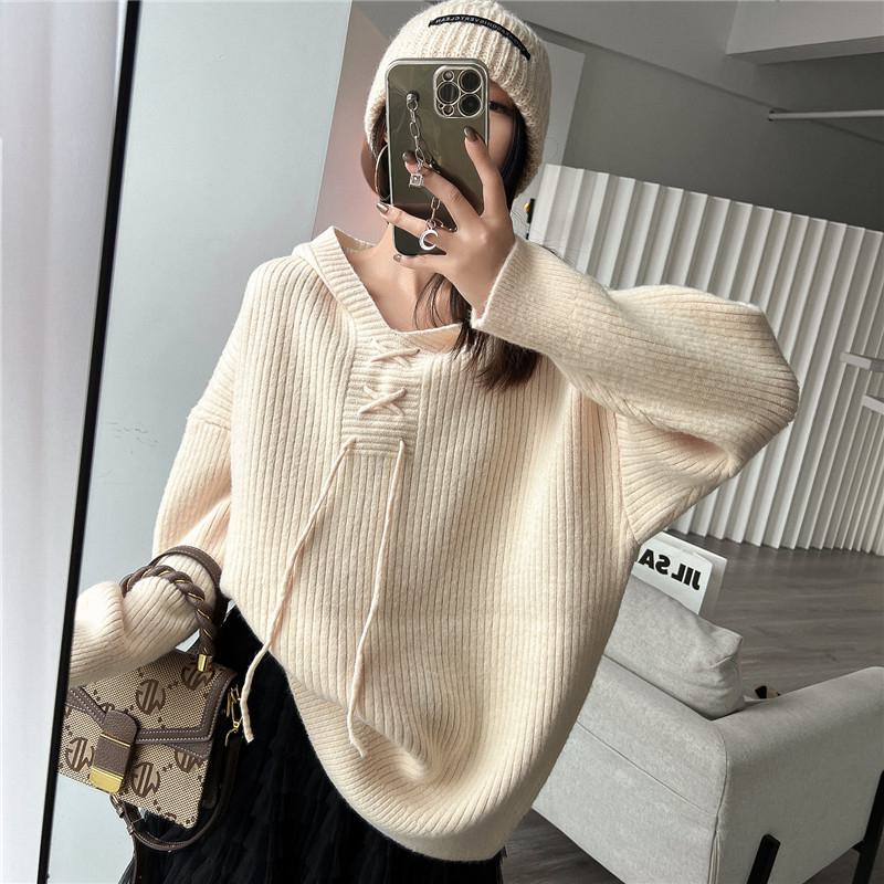 Retro Hooded Petite Knitted Loose Fit Lazy Sweater