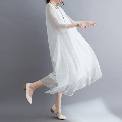 フェアリーラウンドネックレース刺繍桑のシルクゆったりフィットシルエットドレス